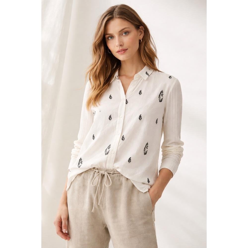 H+ Hannoh Wessel Womens Leaf Block Print Top Ribbed Sleeves Cotton Italy 36S